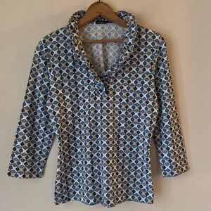 J.McLaughlin Durham Ruffle Neckline Top Blue Geometric Catalina Cloth Sz M